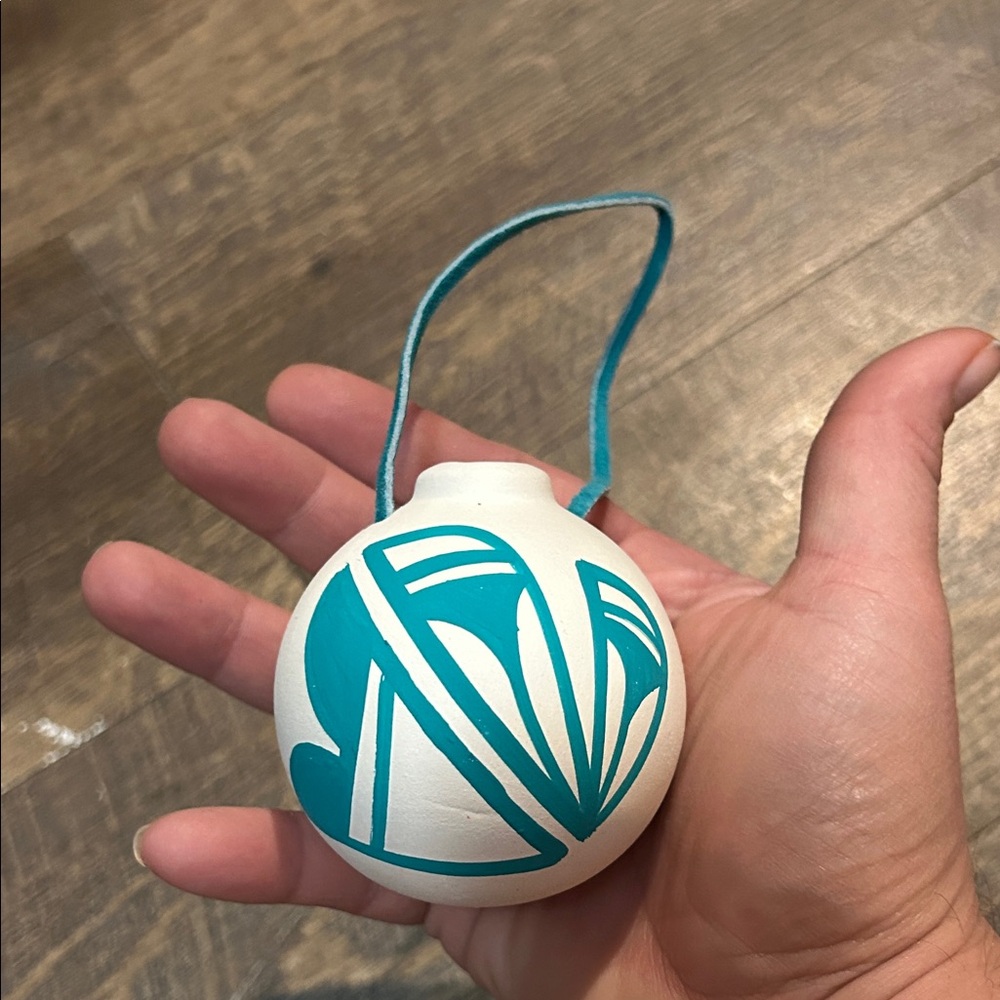 Southwest Native Hand-Painted White Ceramic Hanging Vase with Teal Abstract